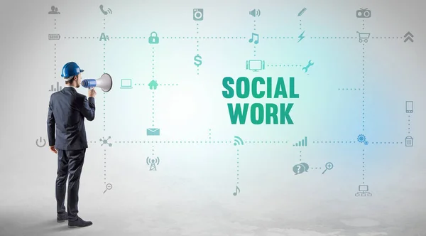 Інженер Працює Новій Платформі Соціальних Мереж Концепцією Напису Social Work — стокове фото