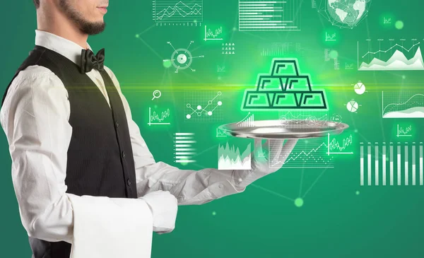 Young waiter serving gold bars icons on tray, money exchange concept