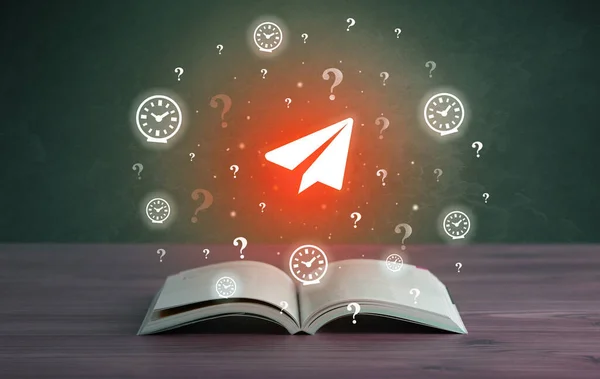 Open book with paper airplane icons above, new business concept