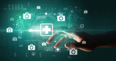 Doktor el, ekranda ilk yardım sembolü olan fütüristik sağlık aygıtı, fütüristik kavram