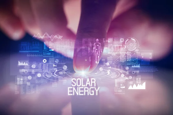 Finger Touching Tablet Web Technology Icons Solar Energy Inscription — Stock Photo, Image