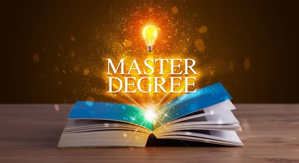MASTER DEGREE inscription coming out from an open book, educational concept