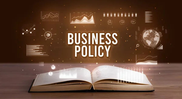 Politica Commerciale Iscrizione Proveniente Libro Aperto Concetto Business Creativo — Foto Stock