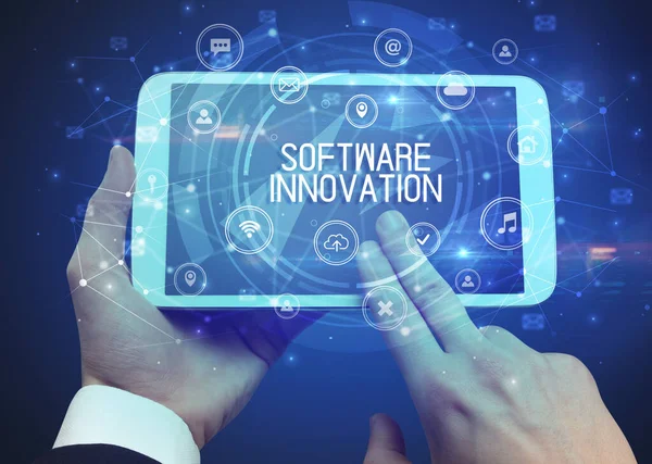 Close Van Een Tablet Met Software Innovatie Inscriptie Innovatief Technologieconcept — Stockfoto
