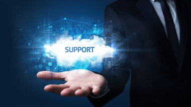 İşadamı 'nın elinde destek yazısı, başarılı iş konsepti