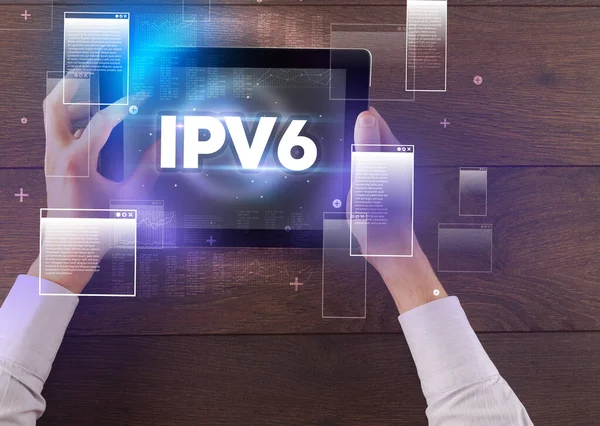Primer Plano Una Tableta Mano Con Abreviatura Ipv6 Concepto Tecnología — Foto de Stock