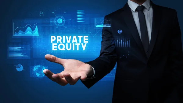 商人手中握着Private Equity Inscription Business Success Concept — 图库照片