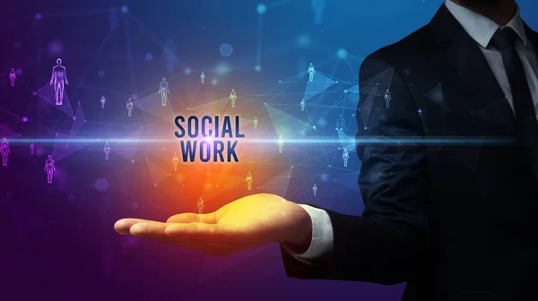 Elegant Hand Holding Social Work Inscription Social Networking Concept — ストック写真