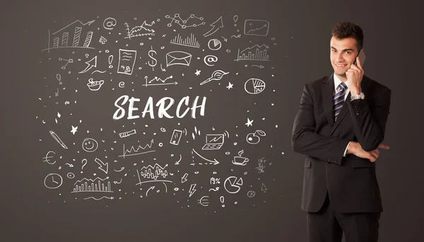 Zakenman Denken Met Search Inscriptie Business Education Concept — Stockfoto