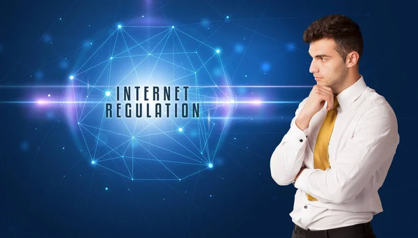 Businessman Thinking Security Solutions Internet Regulation Inscription — Stock Photo, Image