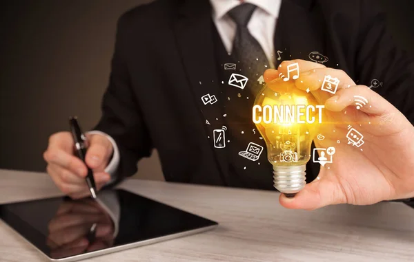 Businessman Holding Light Bulb Connect Inscription Social Media Concept — Stock Photo, Image