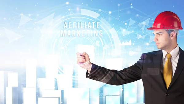 Schöner Geschäftsmann Mit Helm Zeichnung Affiliate Marketing Inschrift Bau Business — Stockfoto