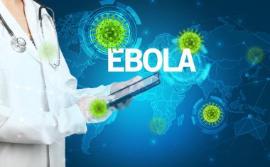 Doktor EBOLA yazıtları ve viroloji konseptiyle tıbbi kayıtları dolduruyor.