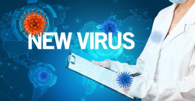 Doktor tıbbî kayıtları NEW VIRUS yazıtları, viroloji konseptiyle dolduruyor.