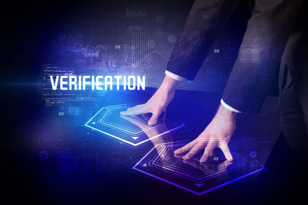 Hand Touching Digital Table Verification Inscription New Age Security Concept — Stock Photo, Image