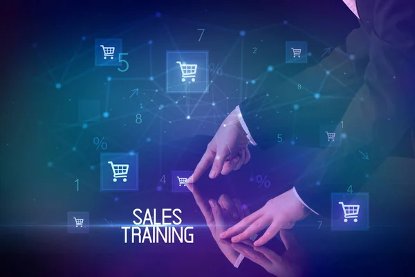 Online Vásárlás Sales Training Felirat Koncepció Bevásárlókocsi Ikonok — Stock Fotó