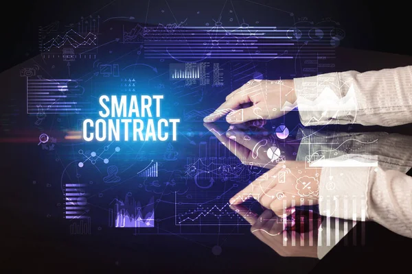 Businessman Touching Huge Screen Smart Contract Inscription Cyber Business Concept — Stock Photo, Image