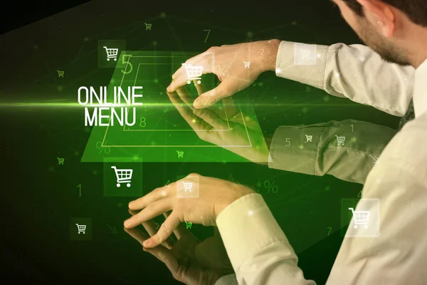 Online Vásárlás Online Menu Felirattal Bevásárlókocsi Ikonokkal — Stock Fotó