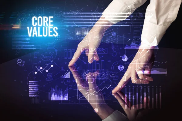 Businessman Touching Huge Screen Core Values Inscription Cyber Business Concept — ストック写真