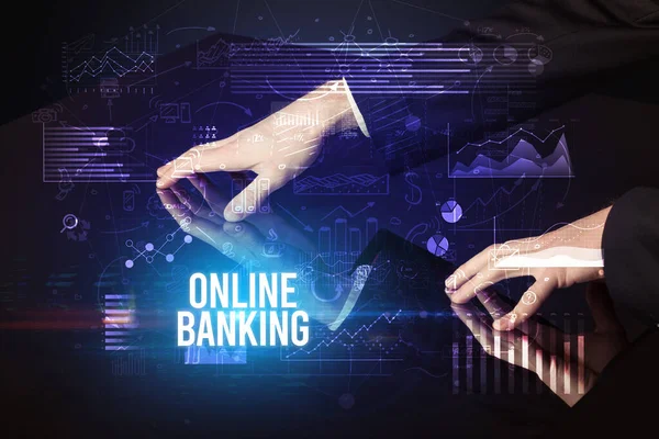 Uomo Affari Toccando Grande Schermo Con Iscrizione Online Banking Concetto — Foto Stock