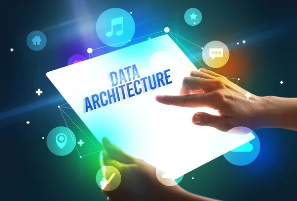 Hålla Futuristiska Tablett Med Data Architecture Inskription Teknik Koncept — Stockfoto