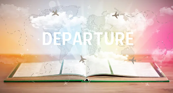 Άνοιγμα Βιβλίου Επιγραφή Departure Έννοια Διακοπών — Φωτογραφία Αρχείου