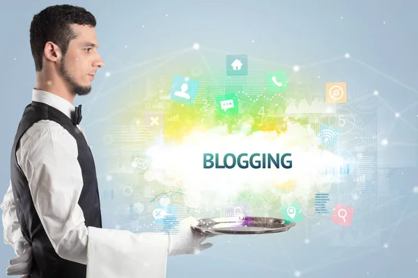 Cameriere Servizio Del Concetto Social Networking Con Iscrizione Blogging — Foto Stock