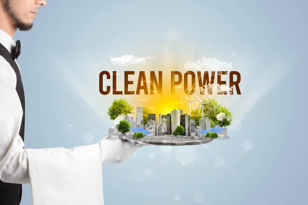 Ober Ten Dienste Van Eco Stad Met Clean Power Inscriptie — Stockfoto