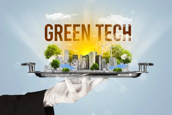Waiter Serving Eco City Green Tech Inscription Renewabke Energy Concept — Stock Photo, Image
