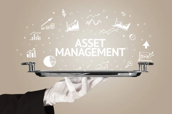Kellner Serviert Geschäftsidee Konzept Mit Asset Management Inschrift — Stockfoto