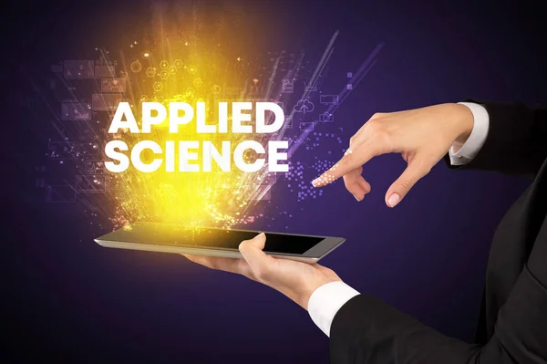 Close Van Een Touchscreen Met Applied Science Inscriptie Innovatief Technologieconcept — Stockfoto