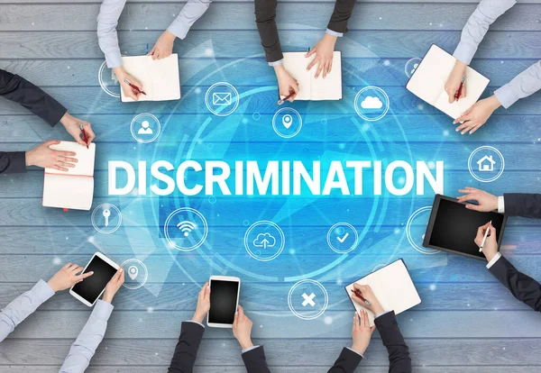 Groep Mensen Die Een Ontmoeting Hebben Met Discrimination Insciption Social — Stockfoto