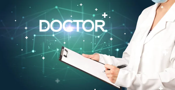 Medico Compila Cartella Clinica Con Iscrizione Doctor Concetto Medico — Foto Stock