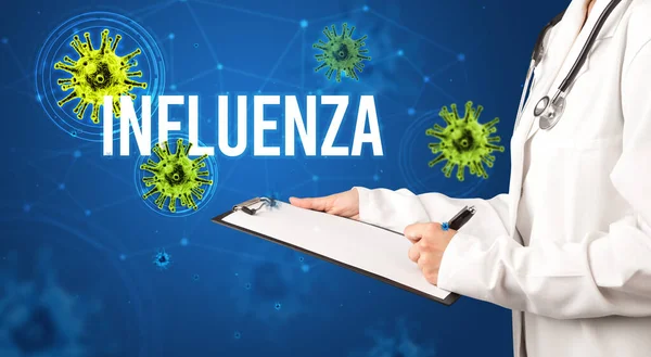 Medico Prescrive Una Prescrizione Con Iscrizione Influenza Concetto Pandemico — Foto Stock