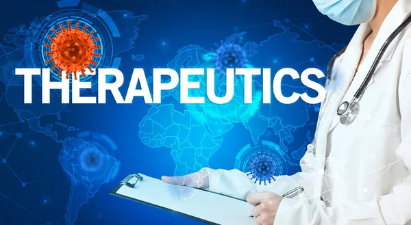 Doctor Fills Out Medical Record Therapeutics Inscription Virology Concept — Stock Photo, Image