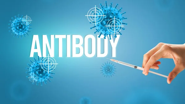 Doktorların Yakından Görüntüsü Beyaz Bir Eldiven Içinde Elinde Şırıngayla Antibody — Stok fotoğraf