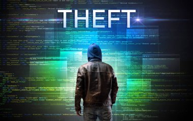 İkili kod arka planında THFT yazılıma sahip yüzsüz hacker