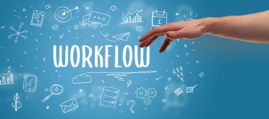 WorKFLOW yazıtına işaret eden kırpılmış elin yakın çekimi, modern iş çözümü kavramı