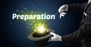 Sihirbaz, hazırlama yazıtları ve eğitim konseptiyle sihirbazlık numarası gösteriyor.