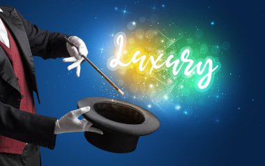 Sihirbaz sihirli değnek ve lüks yazıt ile el büyüsü, alışveriş konsepti