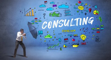 Şemsiyenin arkasına saklanan azimli iş adamı. Yazı, yeni iş konsepti.