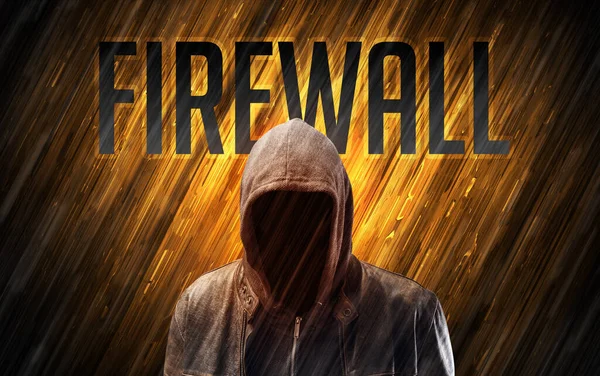 Μυστηριώδης Άνθρωπος Επιγραφή Firewall Έννοια Της Ασφάλειας Στο Διαδίκτυο — Φωτογραφία Αρχείου