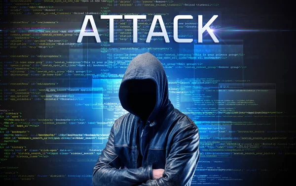 Hacker Tanpa Wajah Dengan Tulisan Attack Latar Belakang Kode Biner — Stok Foto