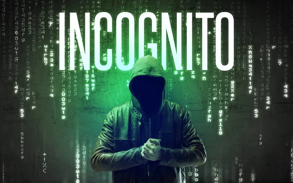 Gezichtloze Hacker Met Incognito Inscriptie Hacken Concept — Stockfoto