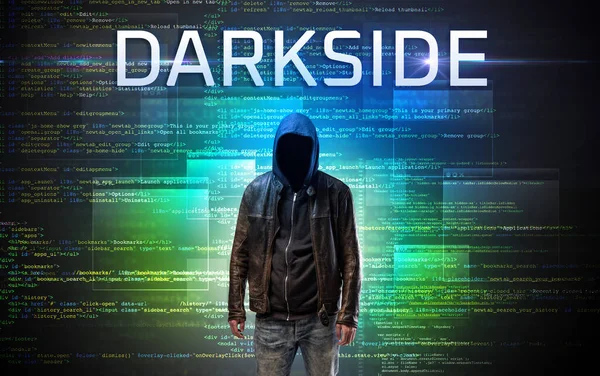 Безликий Хакер Написом Darkside Фоні Двійкового Коду — стокове фото