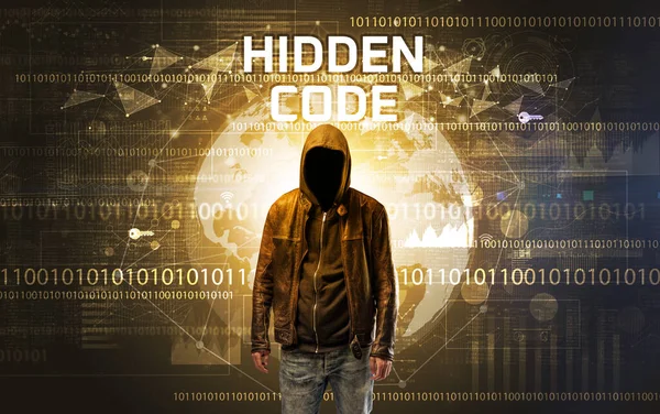 Hacker Sans Visage Travail Avec Inscription Hidden Code Concept Sécurité — Photo