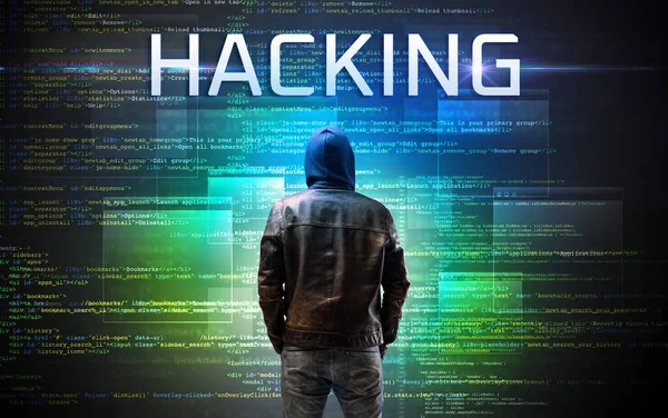 Gezichtloze Hacker Met Hacking Inscriptie Een Binaire Code Achtergrond — Stockfoto