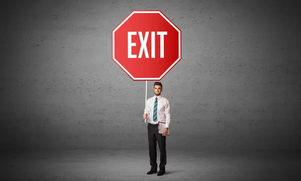 Young Business Person Holding Road Sign Exit Inscription New Rules — Stock Photo, Image