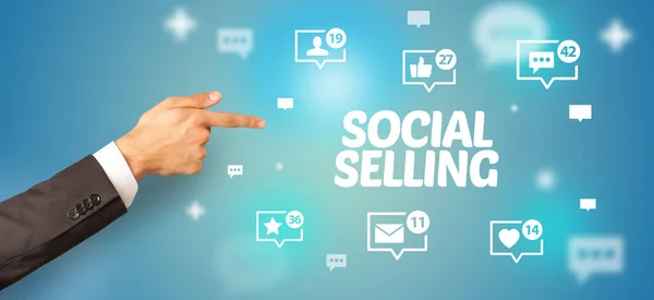 Close Mão Cortada Apontando Para Inscrição Selling Social Conceito Rede — Fotografia de Stock