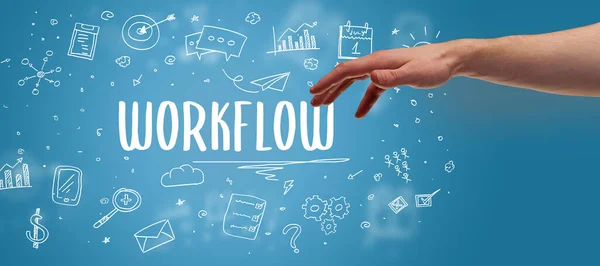 Крупный План Обрезанной Руки Указывающий Надпись Workflow Современная Концепция Бизнес — стоковое фото